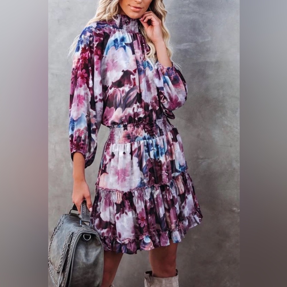 Vici  BTFL-Life purple long sleeve printed mock neck mini dress Size Small NWT